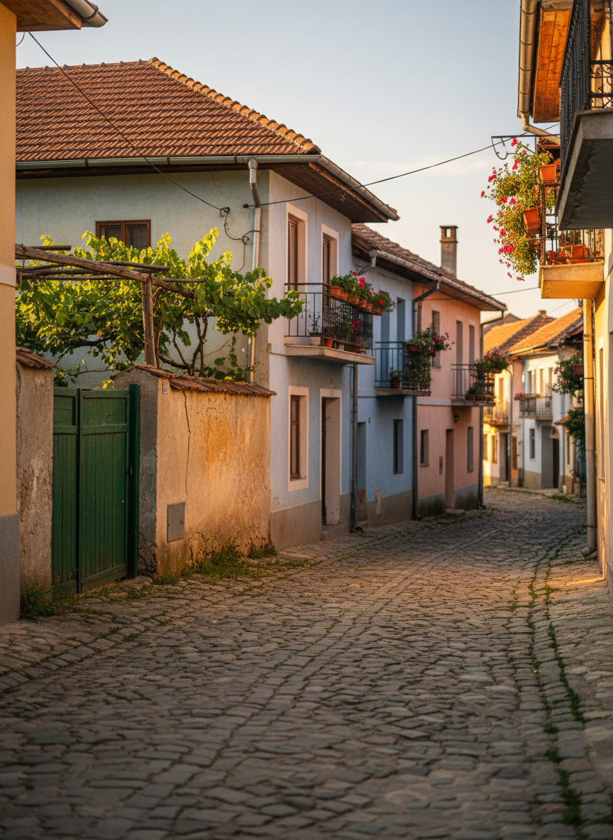 A narrow cobblestone street in a small Balkan town, lined with low, pastel-colored houses with red-tiled roofs and tiny balconies filled with overflowing flower boxes. A worn green wooden gate stands slightly ajar, revealing a sunlit inner courtyard with grapevines climbing a simple pergola. Late afternoon golden light stretches long shadows across the uneven stones, catching the texture of cracked plaster walls and iron railings. Shot at eye level in photographic realism with a gentle depth of field, the foreground stones in crisp focus and the far end of the lane softly blurred, creating a calm, nostalgic atmosphere that feels intimate and quietly observant.