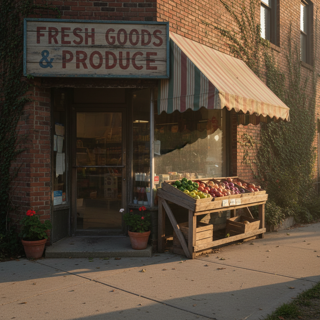 A small corner grocery typical of a quiet neighborhood, its exterior marked by a sun-faded striped awning and a hand-lettered sign on aged wood above the door. Crates of seasonal fruits and vegetables sit on a simple wooden stand outside, showcasing apples, peppers, and onions in muted yet natural colors. The worn stone threshold bears the scuffs of years of use. Soft morning light from the side illuminates the produce and glass door, creating gentle reflections and subtle shadows on the sidewalk. Captured in photographic realism from a slight angle using the rule of thirds, the shop entrance off-center, evoking warmth, routine, and small-town familiarity.