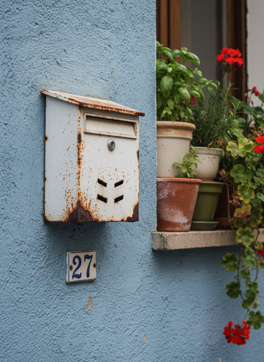An old enamel mailbox mounted on a faded blue stucco wall, its surface chipped and rusted at the edges, decorated with a small hand-painted house number plate slightly askew. Beside it, a narrow window sill holds mismatched ceramic pots with herbs and geraniums, leaves casting delicate shadows. Overcast daylight creates soft, diffused lighting with minimal harsh contrast, emphasizing the subtle textures of peeling paint and rough plaster. Photographed in close-up with shallow depth of field, the mailbox centered in the composition and background gently blurred, conveying a quiet, everyday charm and the feeling of stories exchanged between neighbors in a small town.